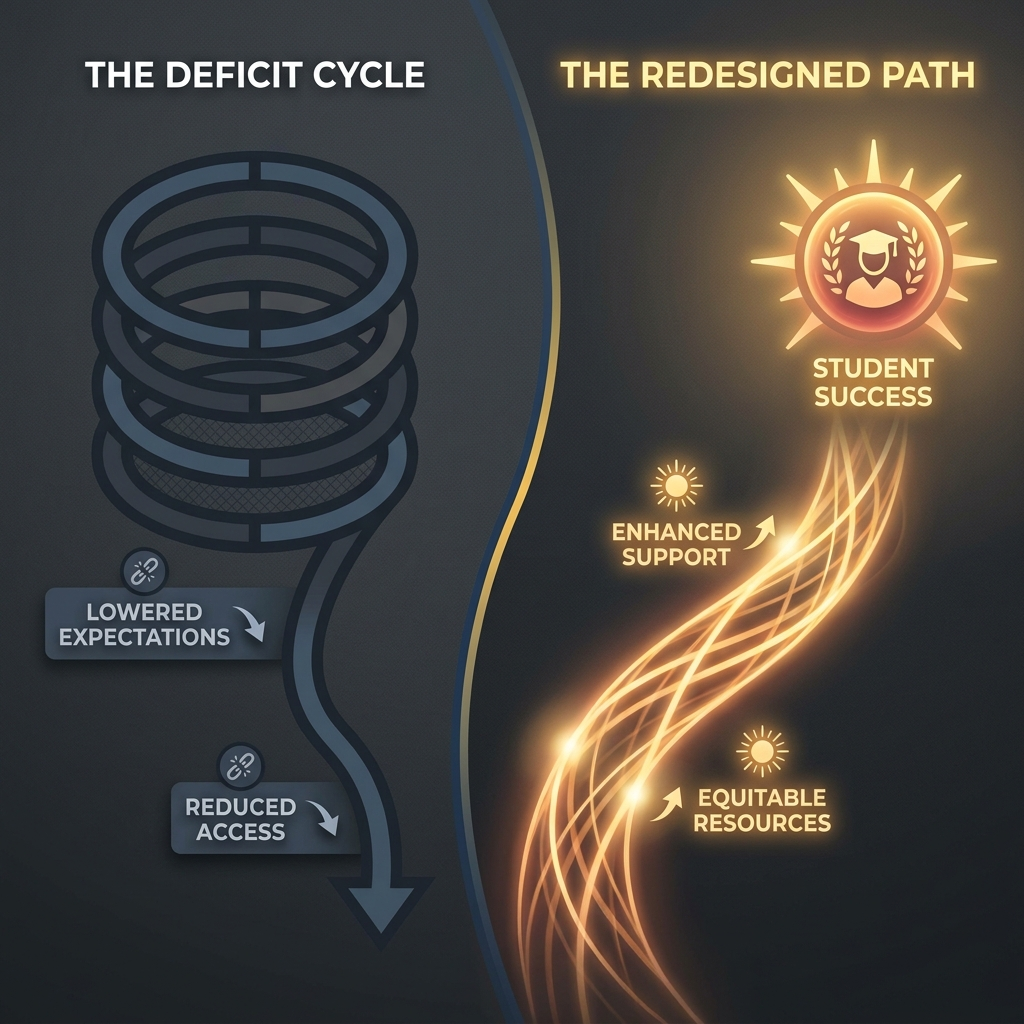 Deficit Cycle and redesigned path visual showing a shift from reduced access to student success.